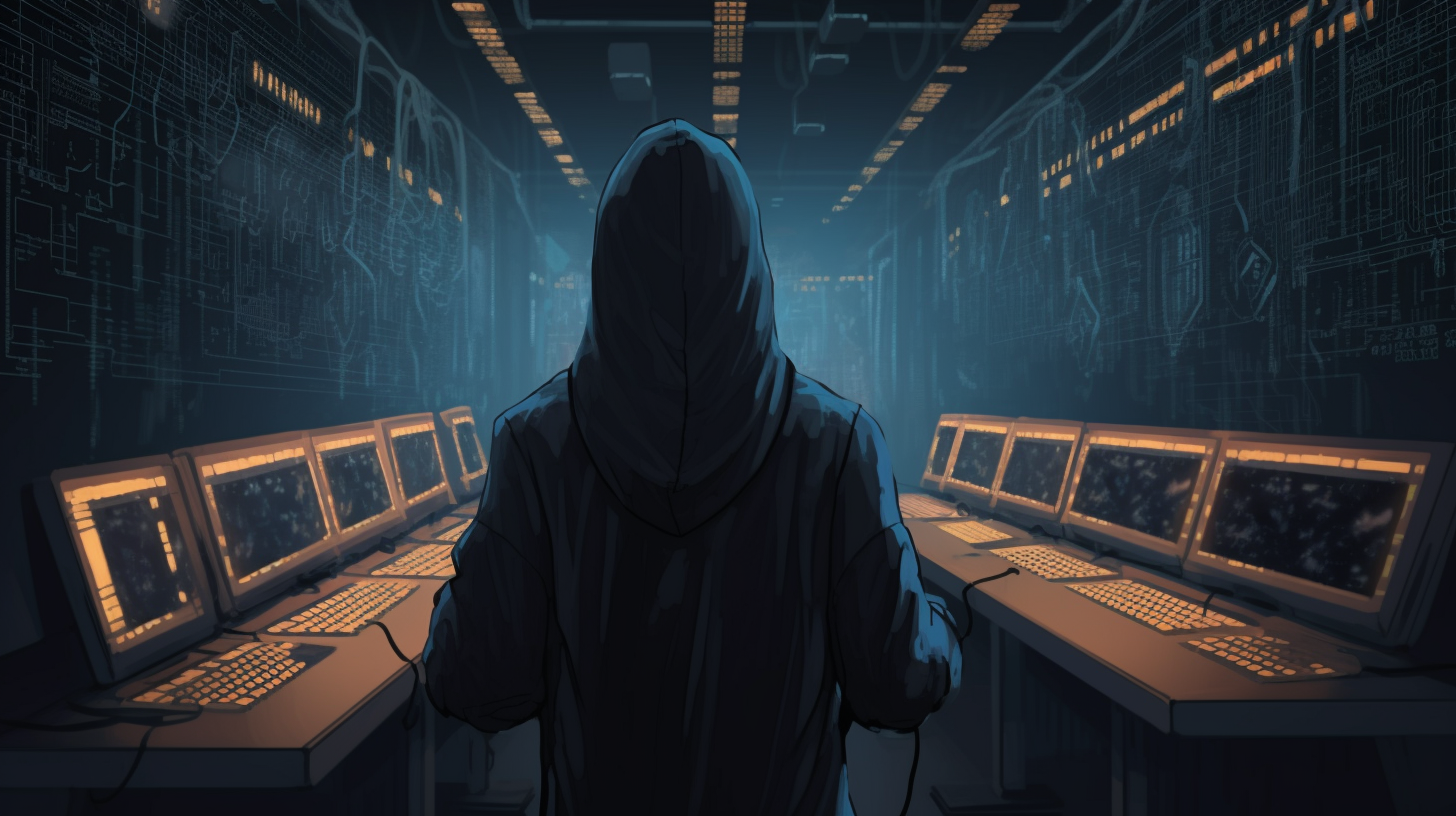 Personne mystérieuse devant des écrans dans une salle.