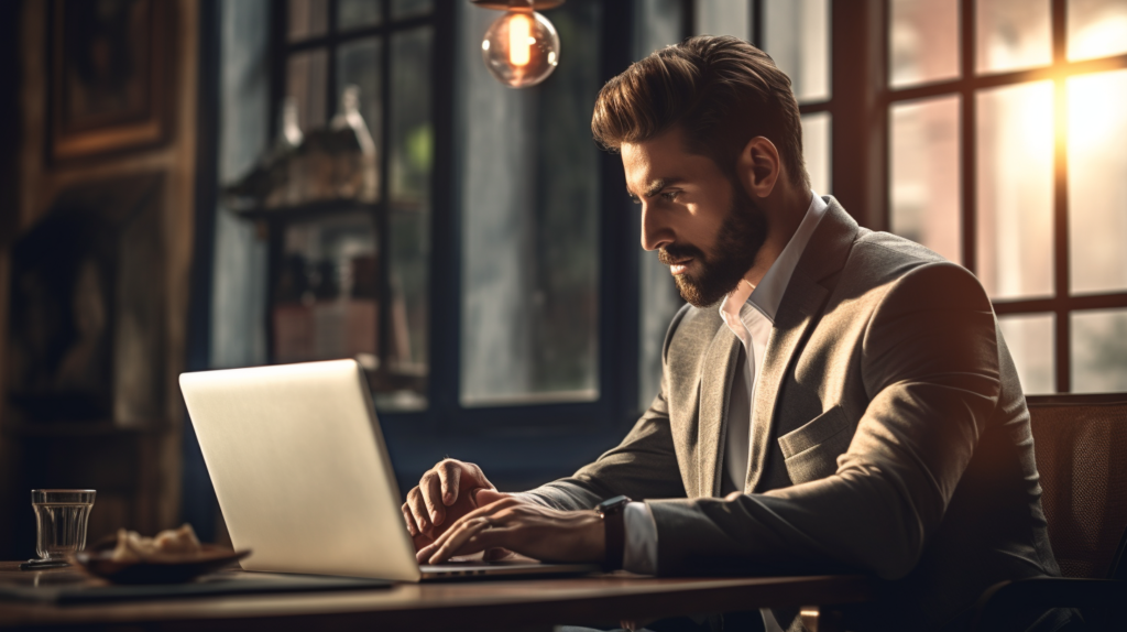 Homme en costume travaillant sur ordinateur portable