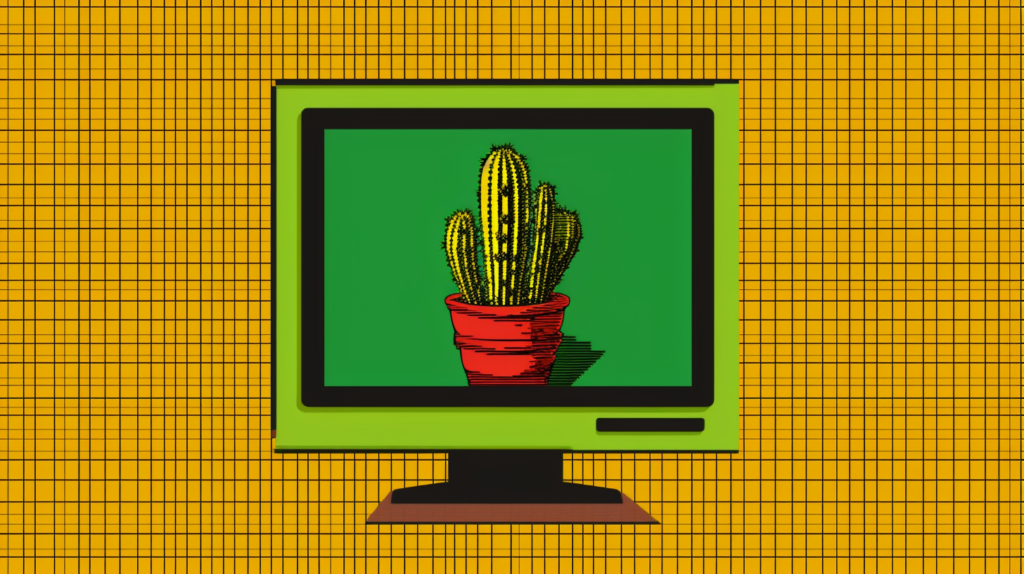 Cactus en pot sur écran d'ordinateur.