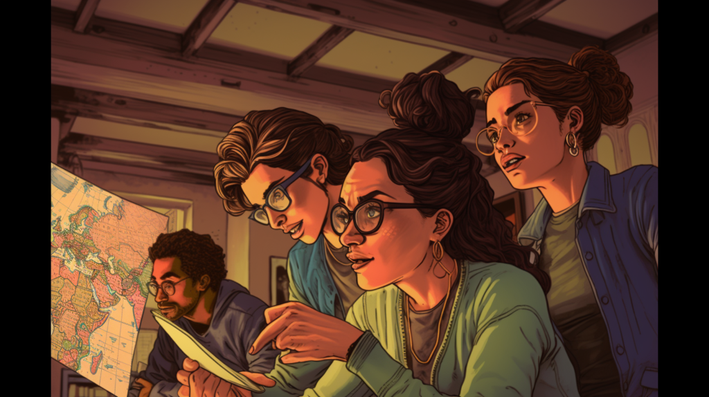 Quatre personnes analysant cartes et tablettes.