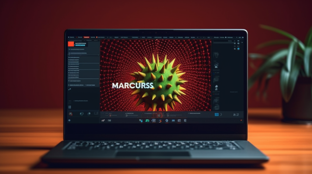 Ordinateur avec design numérique 3D coloré à l'écran.