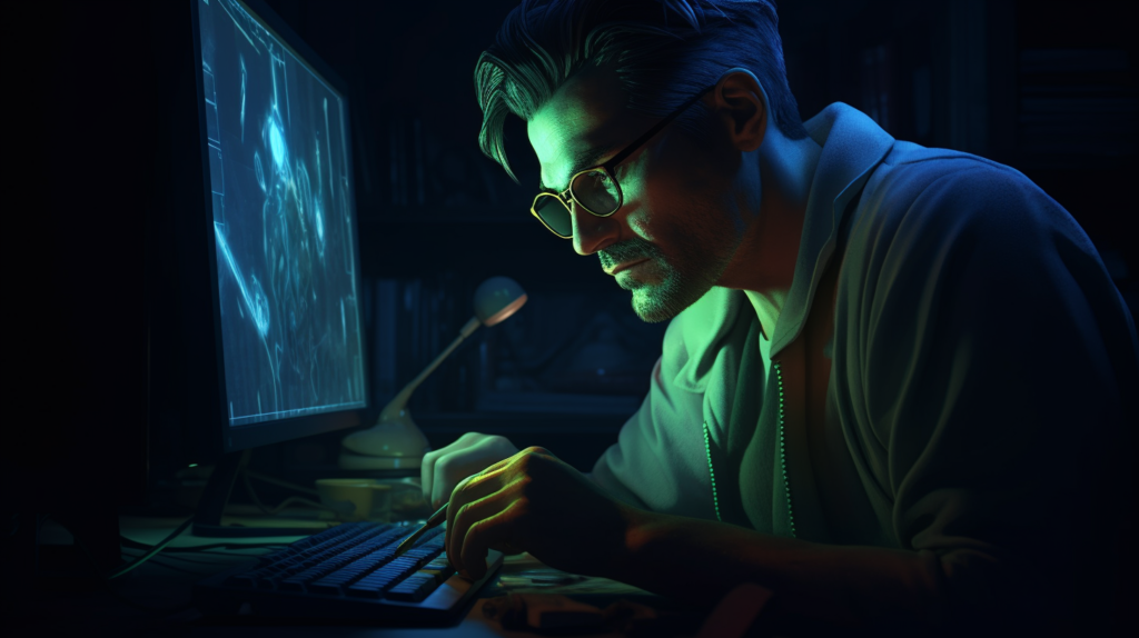 a man in a dark room sitting at a computer with a 68a385ae 92fb 11ee 8e7b 74dfbf73739b.png
