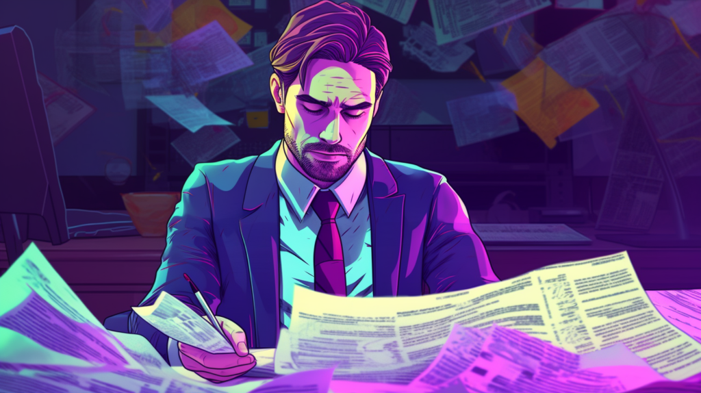 Homme en costume étudiant des documents à son bureau.