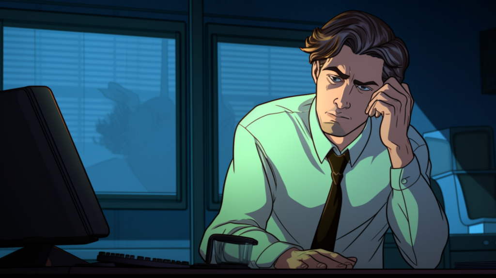 Homme pensif devant ordinateur dans un bureau sombre.