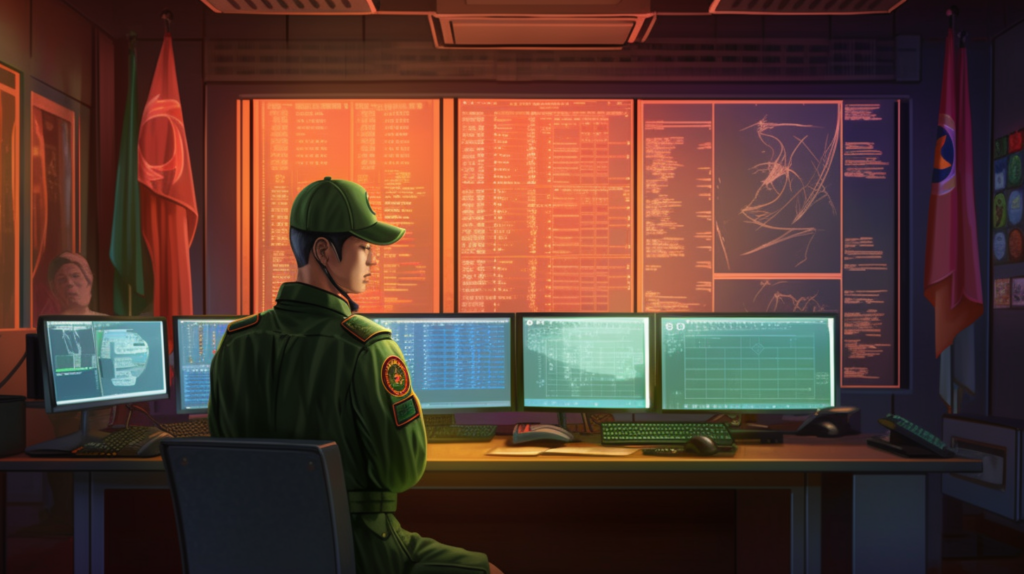 Technicien informatique militaire surveillant plusieurs écrans d'ordinateur.