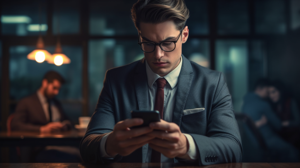 Homme en costume regardant son téléphone au café.
