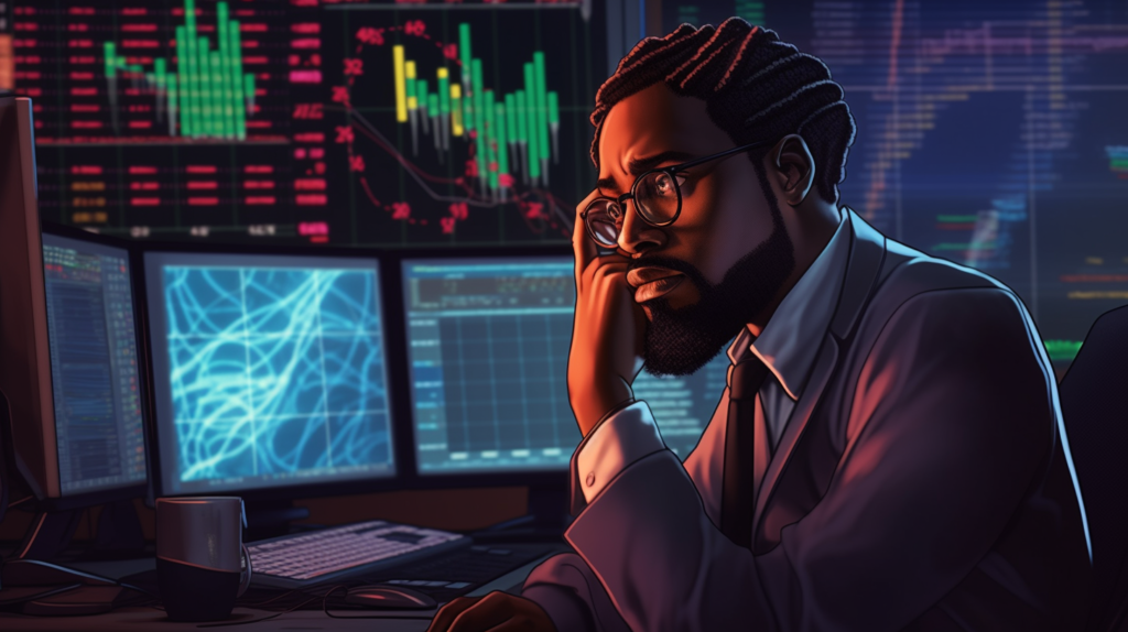 Analyste financier réfléchissant devant des écrans d'ordinateur.