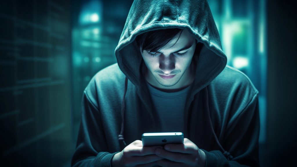 Personne mystérieuse avec capuche utilisant un smartphone.