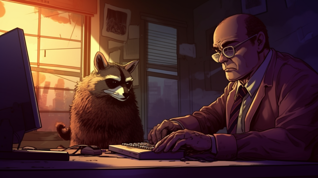 Ratons laveurs détectives travaillant sur ordinateur