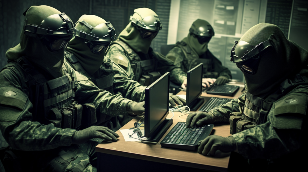 Opérateurs militaires sur ordinateurs en mission stratégique.