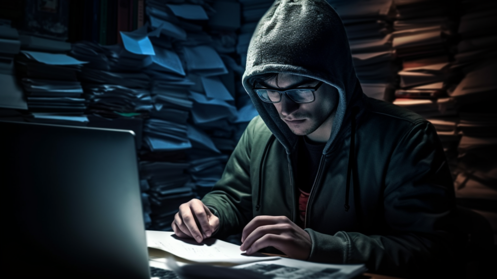 Homme en hoodie tapant sur ordinateur portable