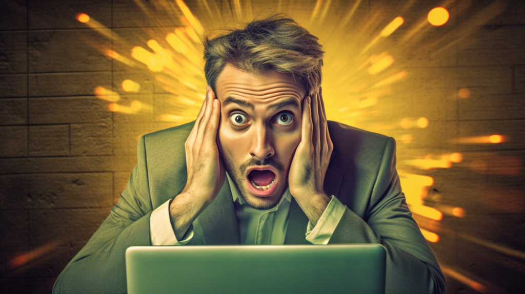 Homme surpris devant un ordinateur, fond lumineux.