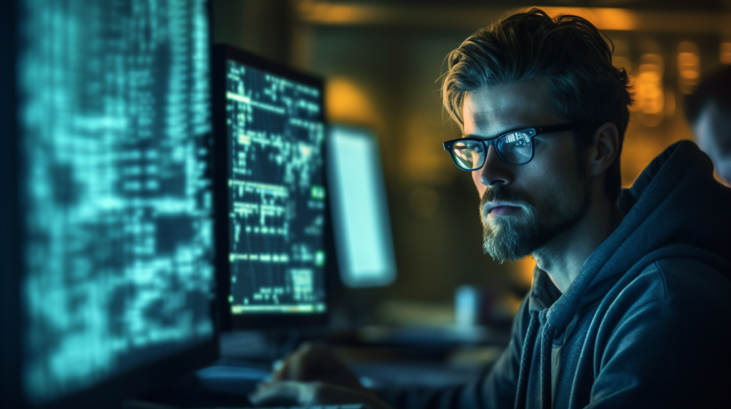 Programmeur concentré devant écrans d'ordinateur.