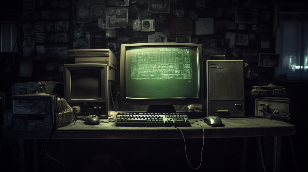 Ancien ordinateur rétro sur un bureau.