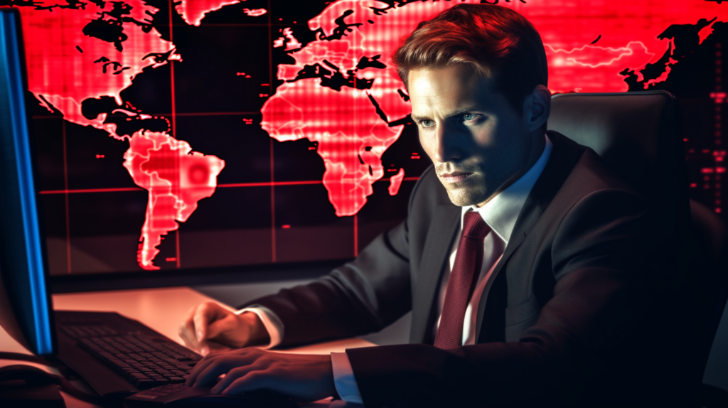Homme en costume devant carte mondiale rouge